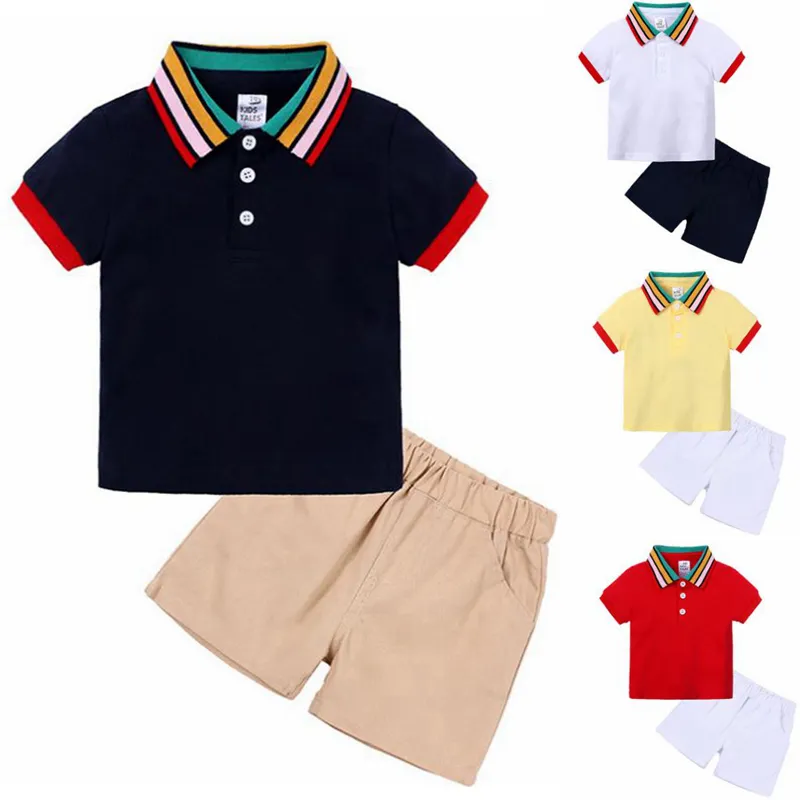 Peuter jongen kleding set baby jongen gestreepte kraag shirts solid shorts 2 stks sets designer kinderen outfits zomer kinderkleding DW5290