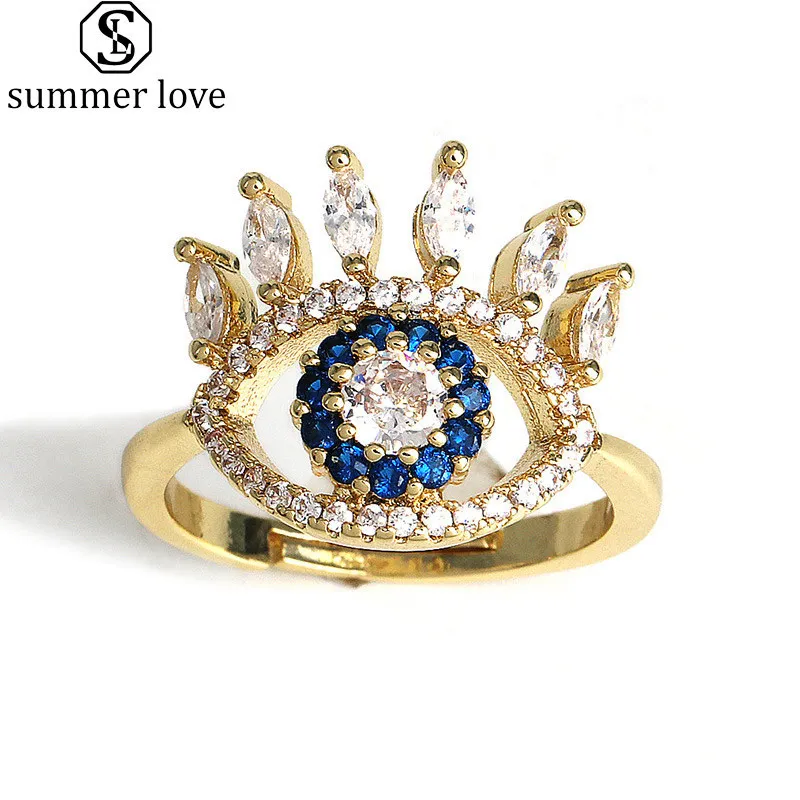 Hoge kwaliteit blauw kwaad blauw oog ring vrouwelijke meisje mode strass verstelbare sieraden gouden ring bague voor vrouwen Valentijnsdag cadeau-z