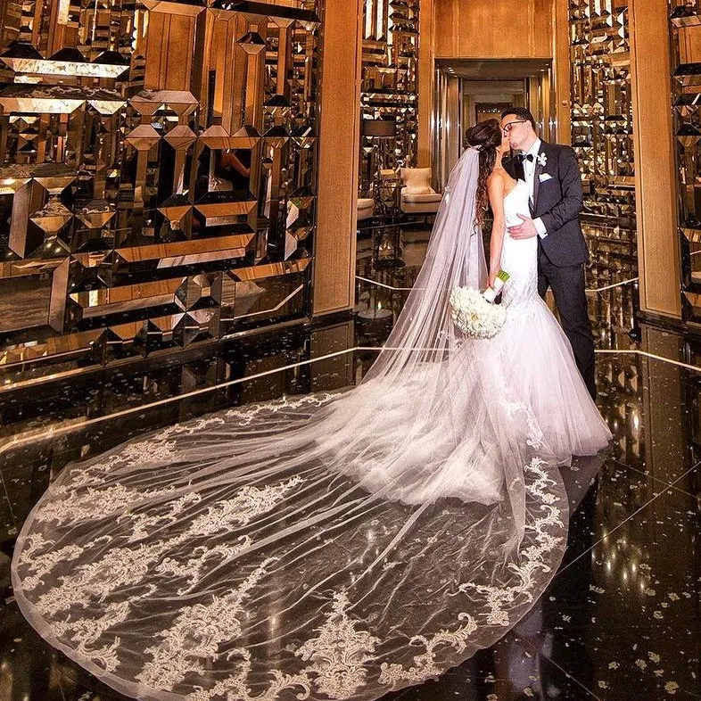 Neue Ankunft Kapelle Hochzeit Schleier 3M Lange Kathedrale Länge Spitze Applizierte Eine Schicht Braut Schleier Mit Kamm Für Frauen haar Zubehör