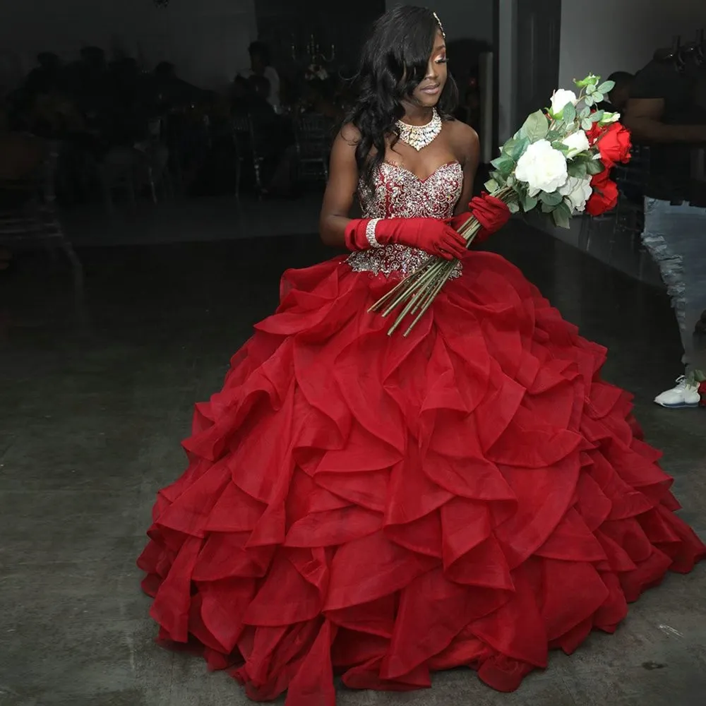 Red Organza Princess Evening Gown With Crystal Beading And Ruffles