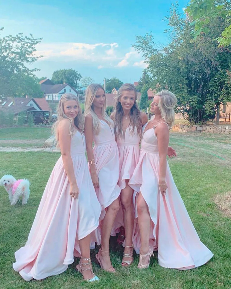 ピンクスパゲッティストラップVネックブライドメイドガウンハイローデザイン結婚式のパーティーのための名誉ドレスの長いメイド