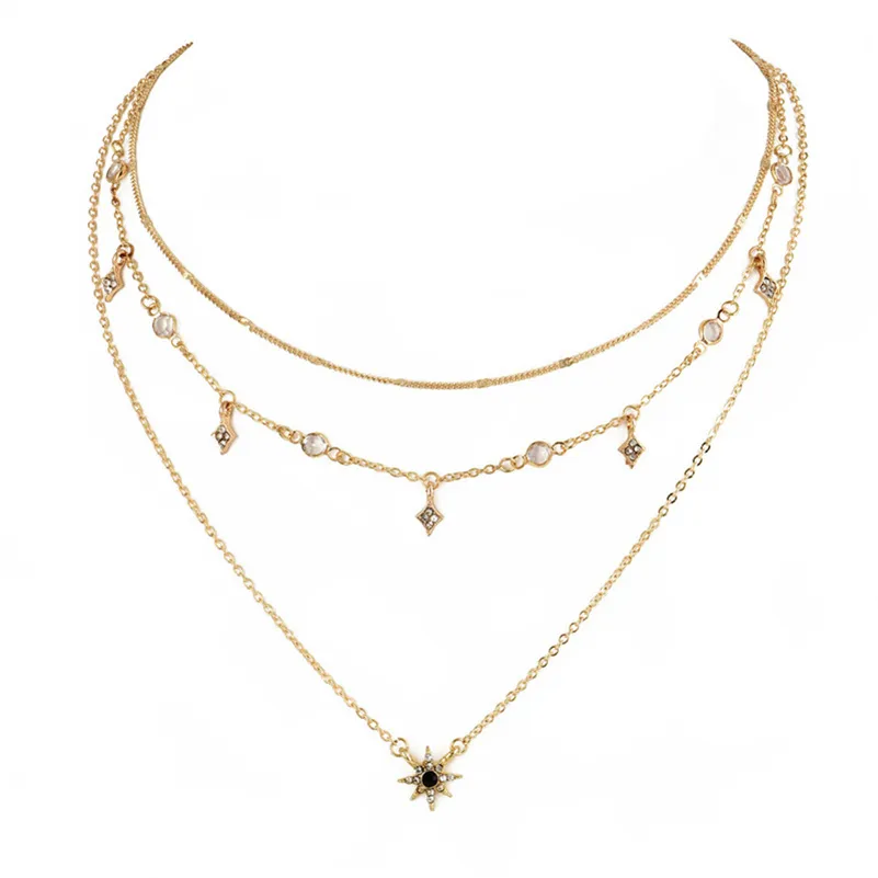 Złoty łańcuch Crystal Star Multilayer Naszyjniki Naszyjniki Damskie modne biżuteria wola i piaszczysty prezent