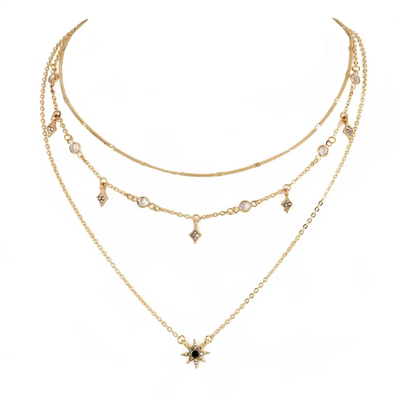 Gold Chain Crystal Star Multilayer Halsband Chokers Halsband Kvinnor Modesmycken Will och Sandy Gift