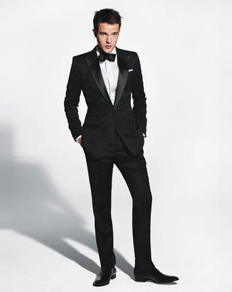 New New Arrival One Button Black Groom Tuxedos Groomsmen Peak Lapel Best Man Wedding Prom Dinner Suits (Jacket+Pants+Bow Tie) 1436