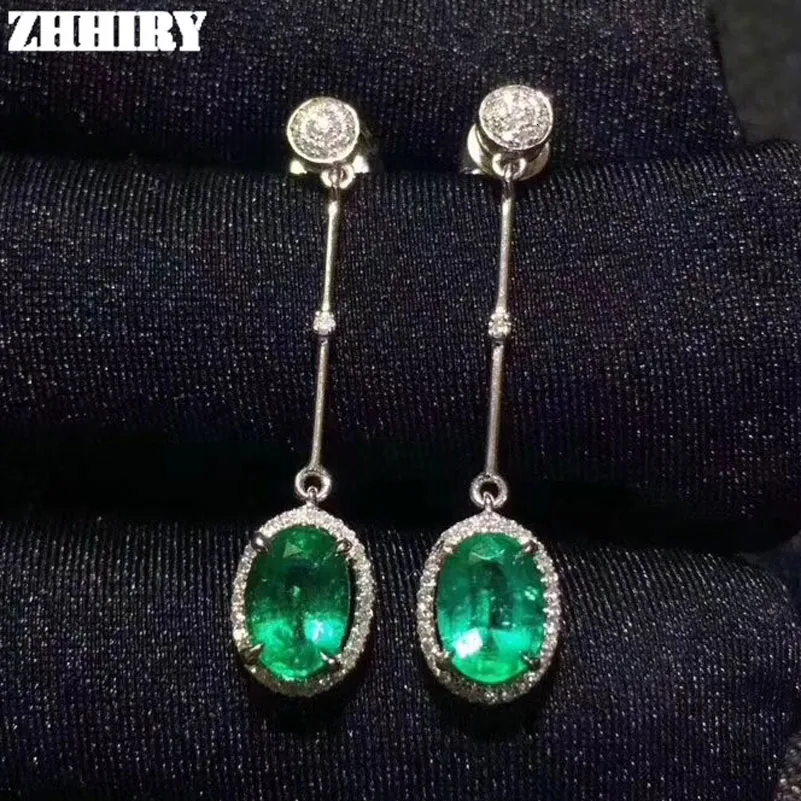 ZHHIEY Natural Emerald Drop Earrings Genuine Solid 925 Sterling Silver