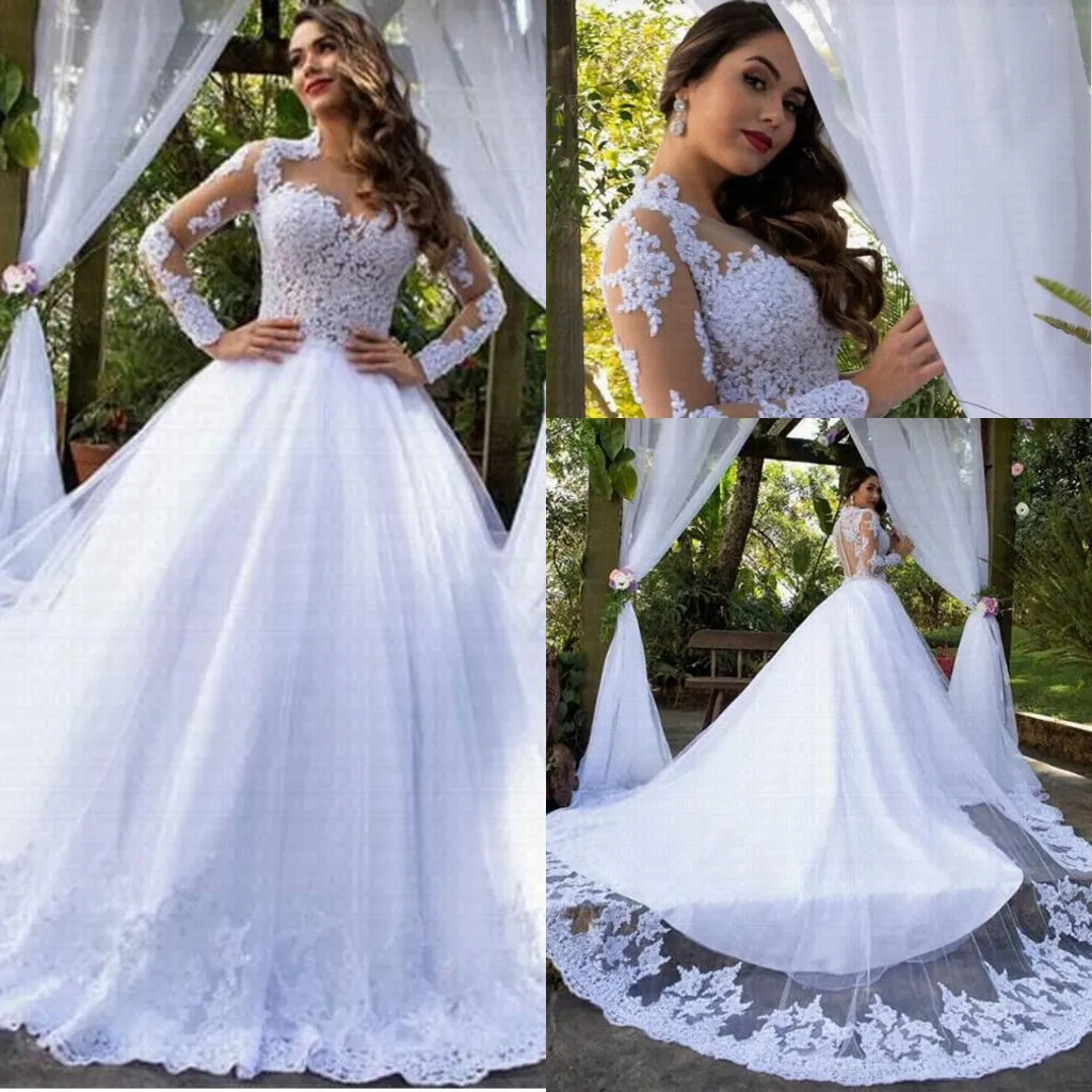 2019 Abiti da sposa eleganti in pizzo A Line Sheer maniche lunghe Tulle Applique in pizzo Sweep Train Abiti da sposa da sposa con bottoni