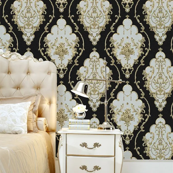 Modern moda Ağır Doku Victorian Damask Wallpaper Siyah / Altın / Kahverengi / Gümüş oda yatak odasında ev sanat dekor Living 3d
