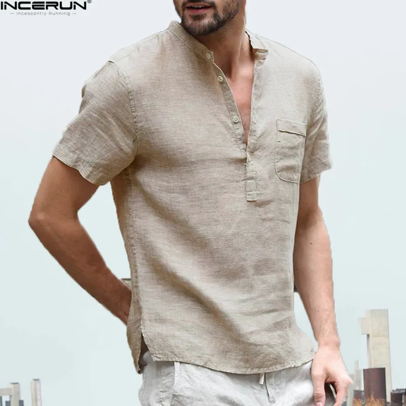 INCERUN Zomer Mannen Shirts Stand Kraag Korte Mouw Ademend Knop Mannelijke Tops Losse Streetwear Casual Dunne Shirt Chemise 2019