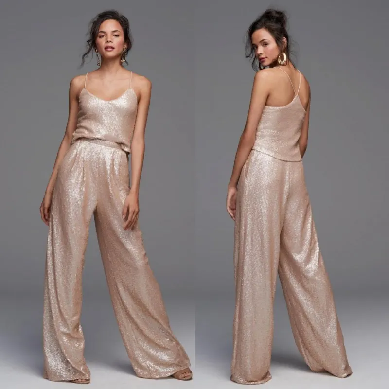 Gouden lovertjes jumpsuit bruidsmeisje jurken twee stukken bruiloft gasten jurk met zakken vloer lengte broek pakken plus size bruidsmeisje van eer jurken