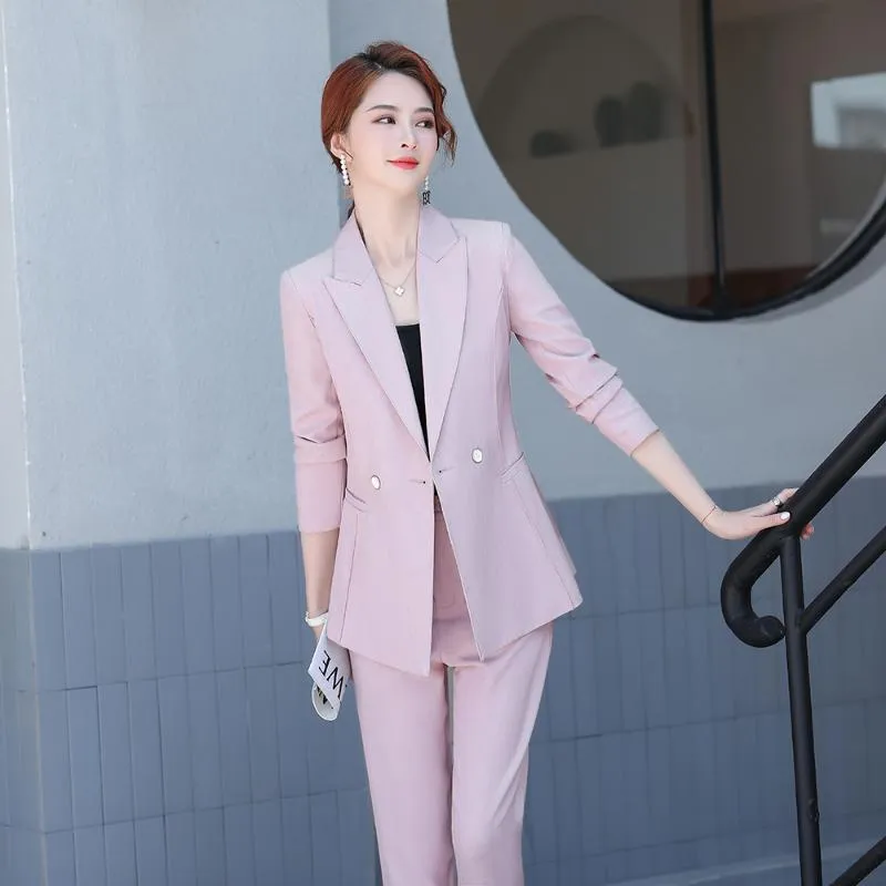 Pink Blue Formal Elegant Women Pants Suits Long Sleeve Jacket Blazer And  Trousers Office Ladies Work Wear Set Pantsuit From Mufuzuo, $82.75