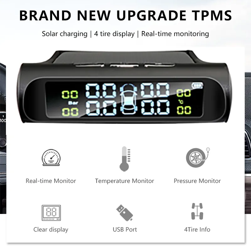 Diagnostiska verktyg Smart Car TPMS Tire Pressure Monitoring System Solar Power Digital LCD Display Auto Security Alarm Systems Däck 2435338