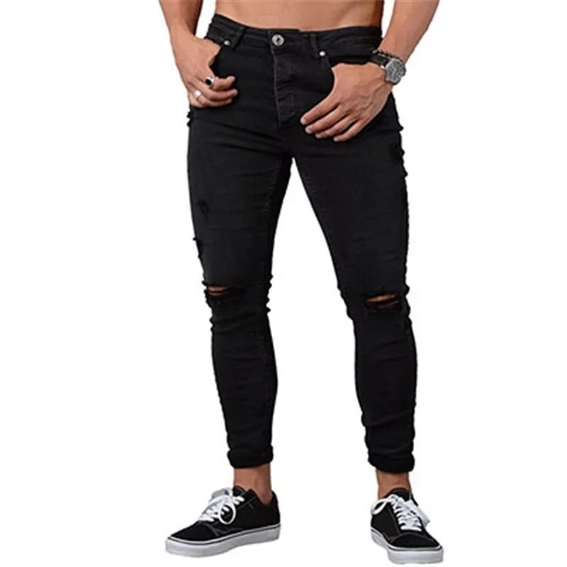 S-4XL Mens couleur unie Denim Crayon Pantalon Casual Stretch Designer Jeans Sexy Trou Déchiré Mâle Zipper Jeans Pantalon Plus Size297i