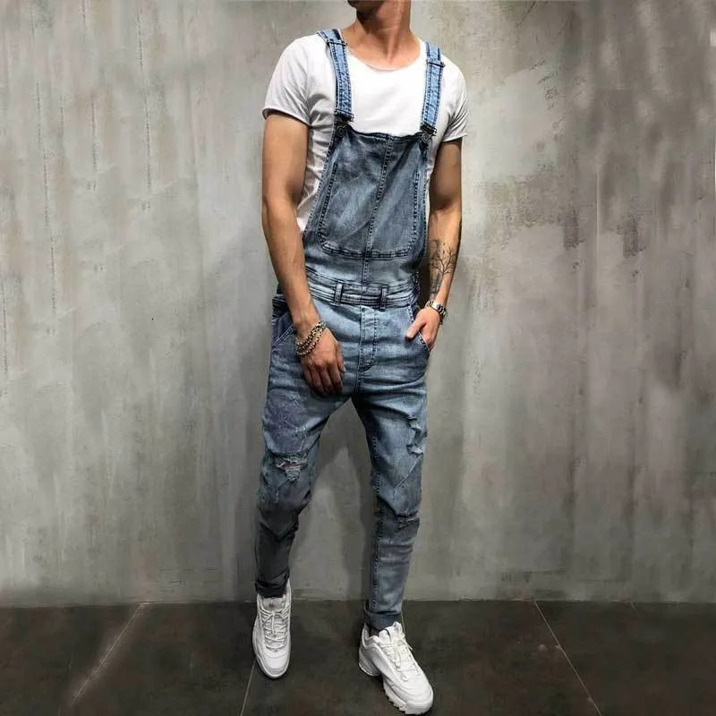 Salopette jeans da uomo alla moda da cowboy pantaloni pagliaccetti in denim strappati con foro pantaloni a matita slim fit pantaloni jeans tuta da uomo taglie forti