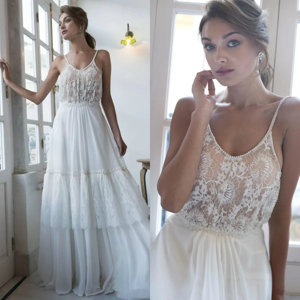 Une ligne de robes de mariée de plage 2020 Spaghetti Strap dentelle et mousseline de soie dos nu robe de mariée Boho longueur de plancher robes de mariée de pays