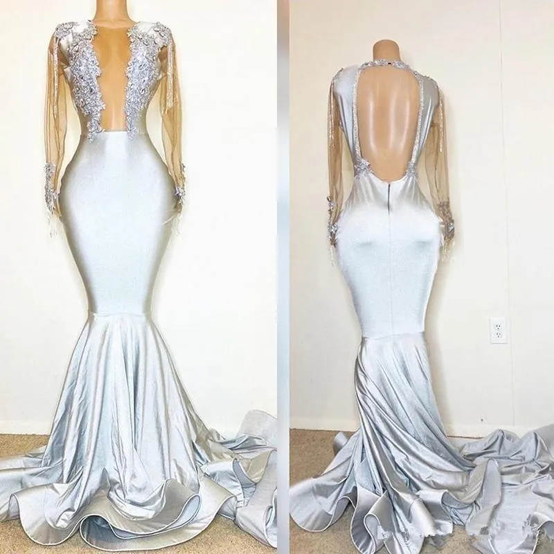Silver Long Sleeves Evening Dresses Illusion Bodice Plunging V Jewel Neck Mermaid Sweep Train Lace Applique Spandex Prom Party Gown