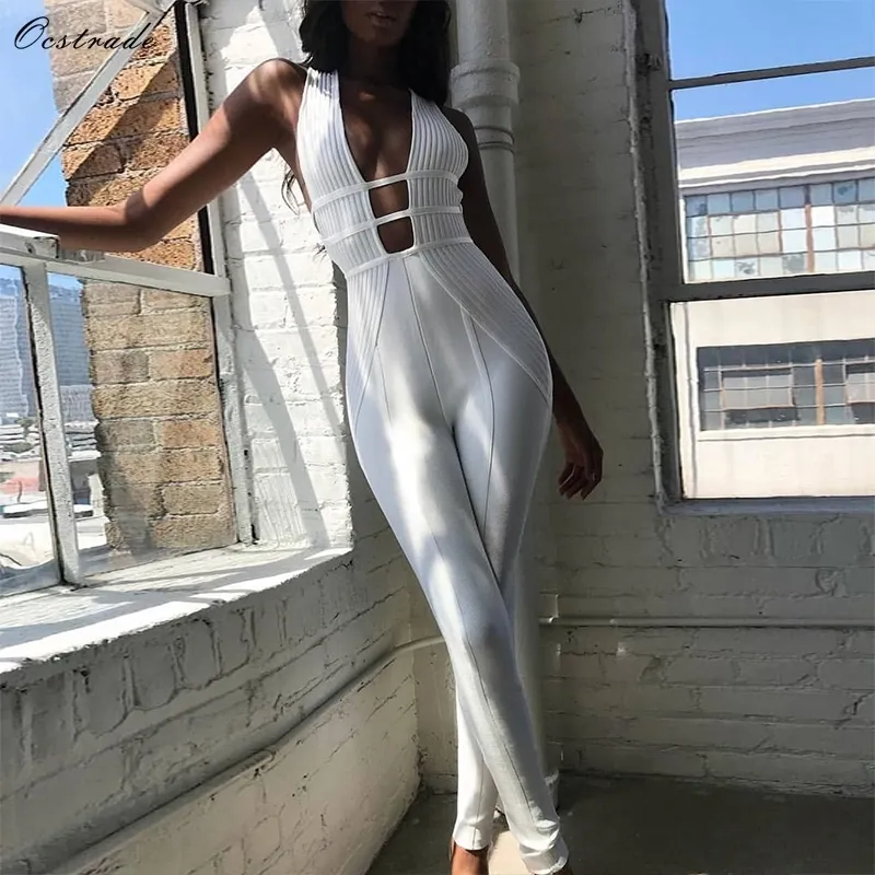 Ocstrade sexy bandage jumpsuit 2019 nova moda oca out bandage macacão branco rayon de alta qualidade jumpsuits bandagem mulheres t5190614