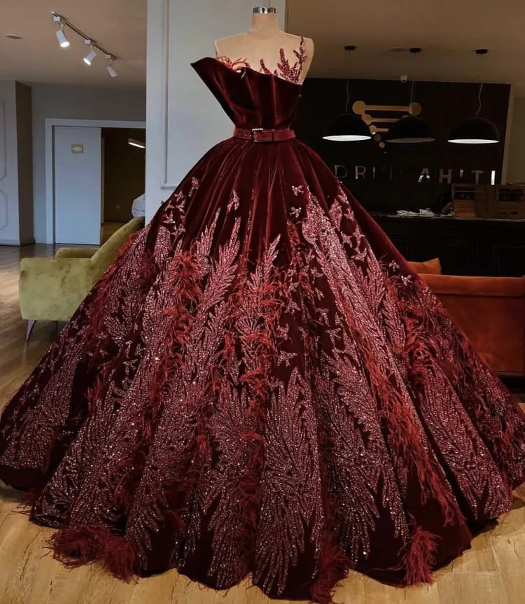Burgundy Velvet Prom Dress with Beaded Applique Lace and Feather  Embellishments from Dhgate Evening Dresses - price 376.74