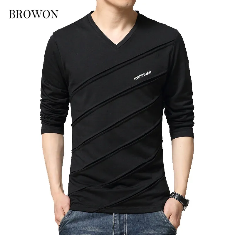 BROWON Fashion Trend Autumn T Shirt Men V Collar Long Sleeve T-Shirt Large Size Slim Fit Cotton Tops Tees Camisetas Male