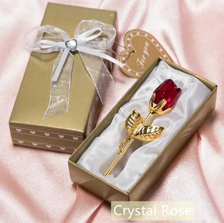 Romantiska bröllopsgåvor Multicolor Crystal Rose Favoriter med färgglada boxfavoriter Baby Shower Souvenir Ornament för gästfri frakt