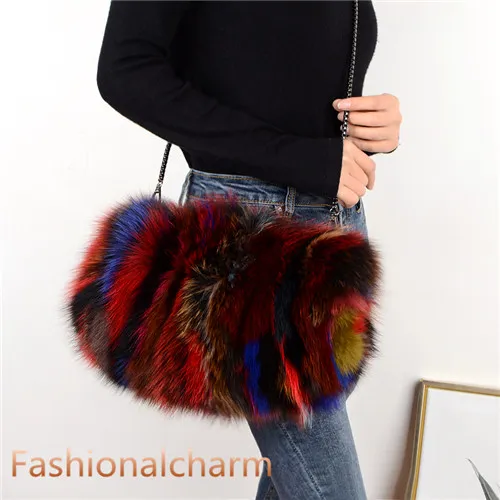 Stylish Real Fox Fur Shoulder Bag With Chain Strap Perfect For