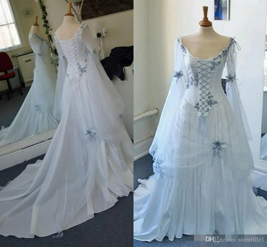Vintage Celtic Wedding Dresses Light Blue Medieval Gothic Bridal Gowns Scoop Neckline Corset Long Bell Sleeves Appliques Flowers