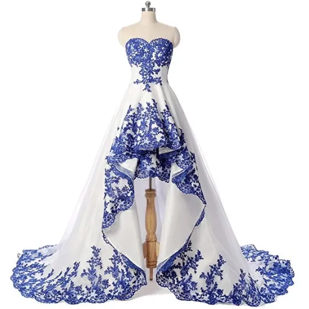 2019 High Low Royal Blue and White Prom Dresses Sweetheart sin mangas de encaje apliques frente corto largo espalda vestidos de fiesta de noche