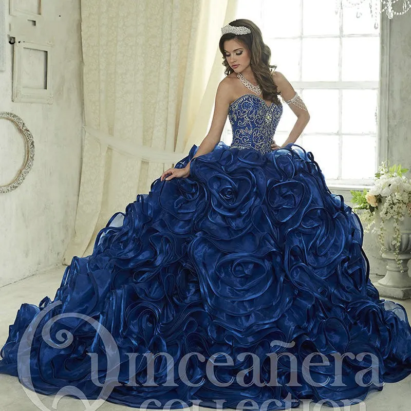 2019 الفاخرة الأزرق الداكن الكرة ثوب فساتين quinceanera الديكور بلورات الحبيب الكشكشة vestidos دي 15 أنوس الحلو 16 فساتين