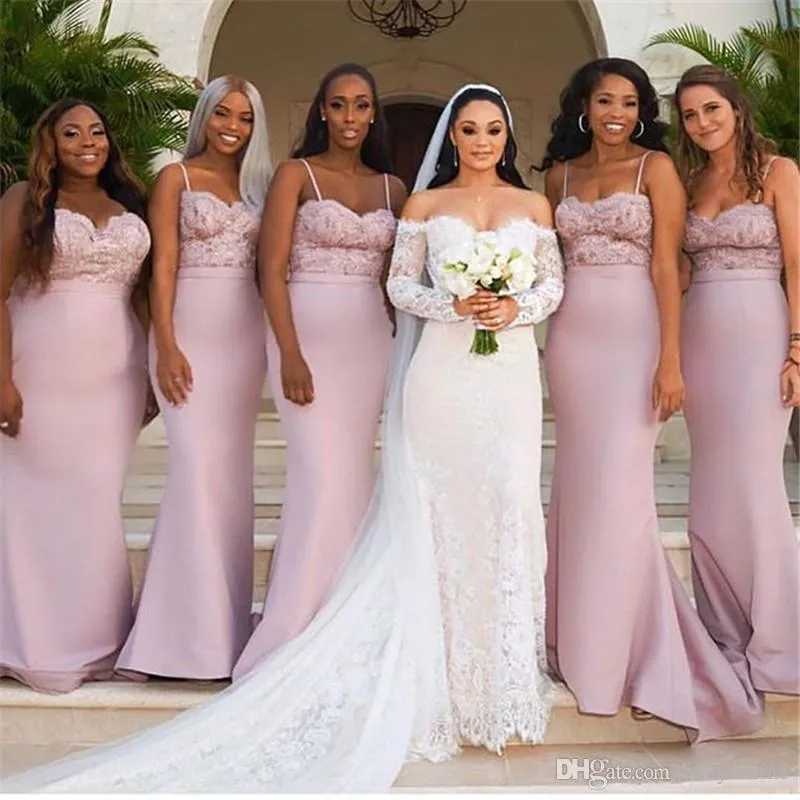 Новые Light Pink Mermaid Bridesmaid Платья платьев 2019 Элегантные ремни спагетти Аппликация Свадьба Горничная кустарника Довесы Оградки де ДЕМООИЗЕЛЬ Д'ИНННЮР