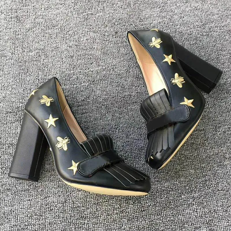 women high heels Top Marmont pumps Embroidered pumps Thick High heel shoes with charming Tassel black Girl Party shoes wedding size US4-11
