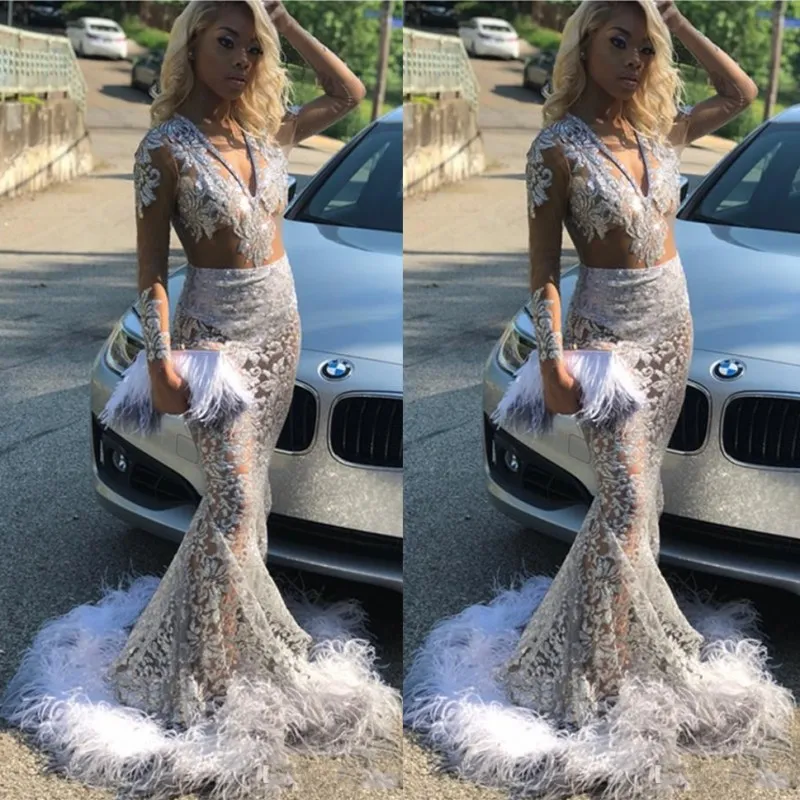 Black Lace Mermaid Feather Prom Dress With Illusion Bodice And V