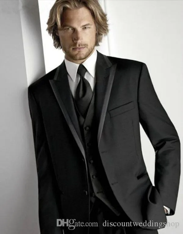 Anpassa Populär Groom Tuxedos Svart Man Prom Klänning Party Arbete Business Suit Formal Suits (Jacka + Byxor + Vest + Tie) J219