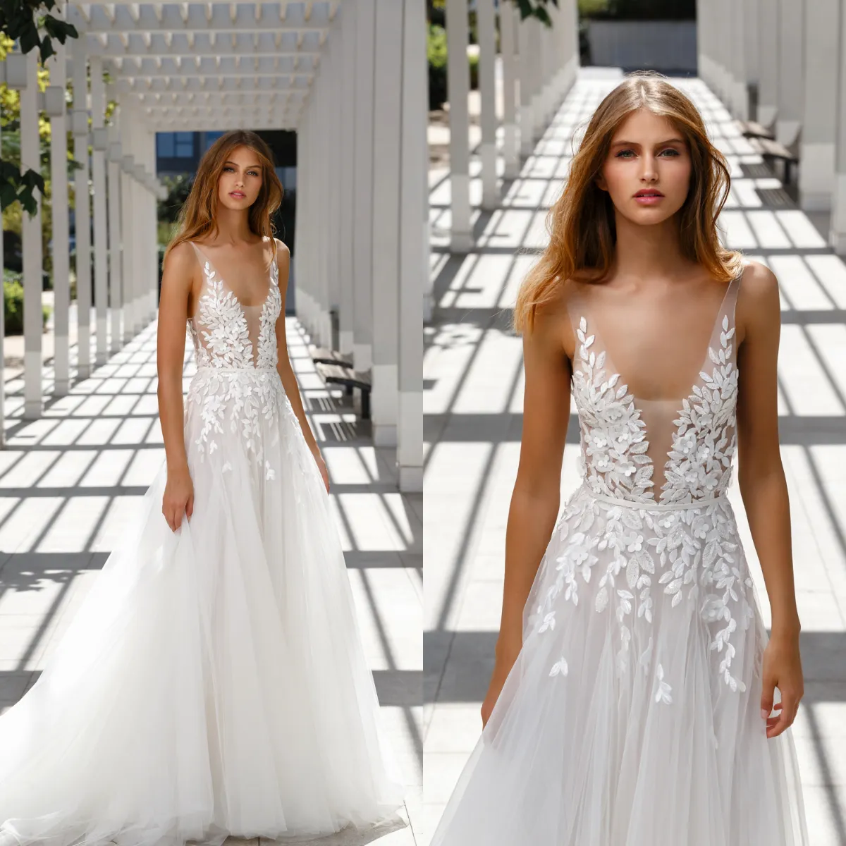 Mira Zwillinger 2020 Boho Bröllopsklänning Deep V Neck Lace Appliqued Beach Outdoor Bridal Dresses Backless Wedding Gowns Vestidos de Novia