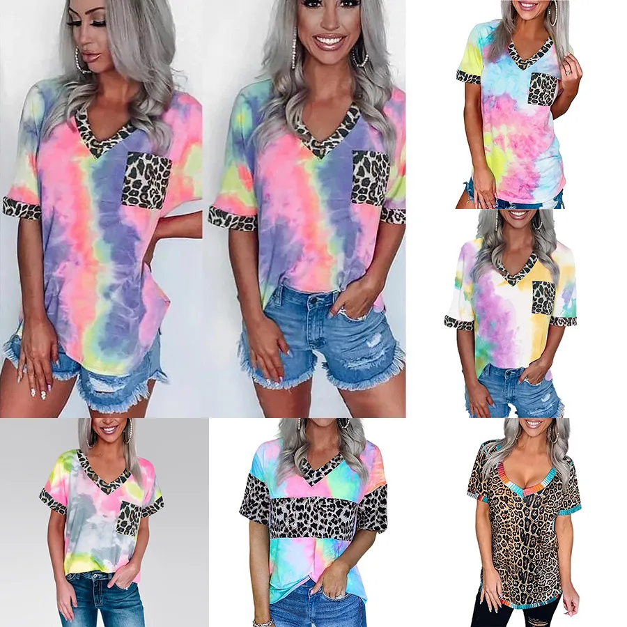 6 Colors Women Tie Dye Gradient Rainbow Short Sleeved T Shirt Leopard Splicing V Neck Casual Tunic Tops with Pocket M2135