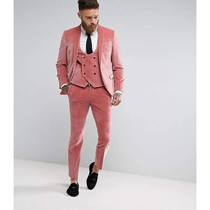 Pink Velvet Man Suit Velvet Men's Tuxedos Suits Pink Jacket for Wedding Suits Pink Velvet Blazer (Jacket+Pants+Vest)