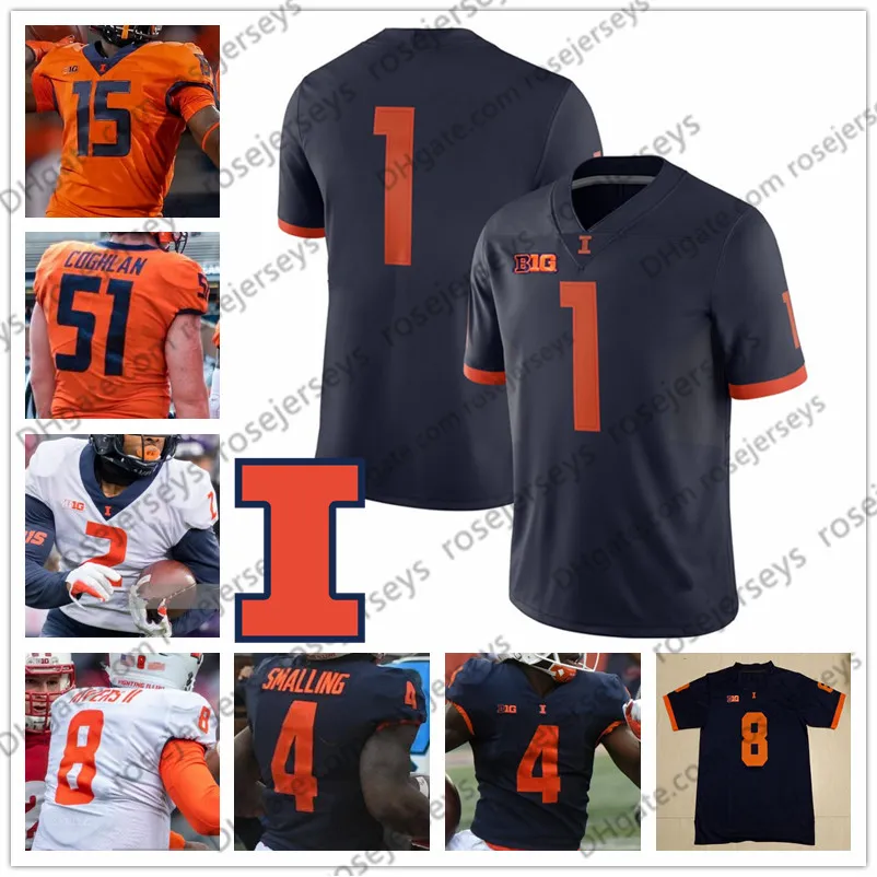 Niestandardowe Illinois Fighting Illini 2019 Football Dam Numer Numer Granatowy Niebieski Pomarańczowy Biały # 1 Isajasz Williams 18 Brandon Peters NCAA Jersey 4xl