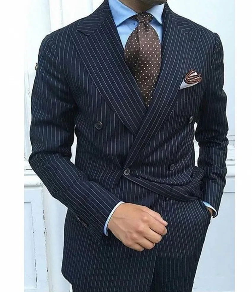 Smoking da sposo alla moda a righe blu navy eccellente risvolto a punta groomsmen giacca da sposa blazer da uomo formale vestito da ballo / cena (giacca + pantaloni + cravatta) 12