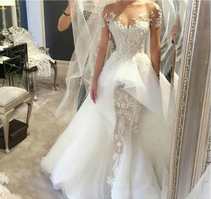 Nuovo arrivo sirena maniche lunghe abito da sposa appliques pizzo vedere attraverso giardino country chiesa sposa abito da sposa su misura taglie forti