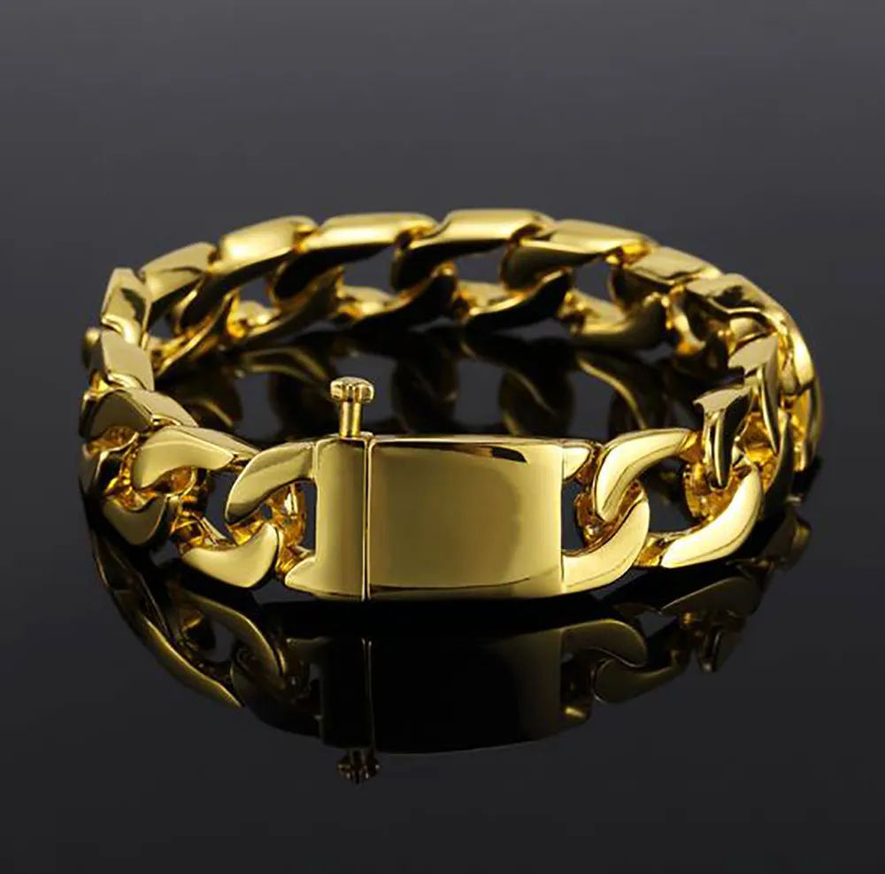 Mens 13mm 18K Gold Plated Zinc Alloy Cuban Link Bracelets 20cm Mens Bracelet Hip Hop Bracelet Fashion Jewelry Whosales