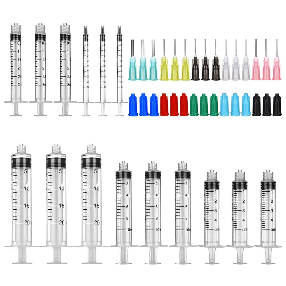 15 Pack-Syringe Blunt Tip Needle and Cap Set, 20, 10, 5, 3, 1 ml / cc spuiten, 14, 16, 18, 20, 22GA stompe naalden, Luer Lock Plastic Lijm Apply