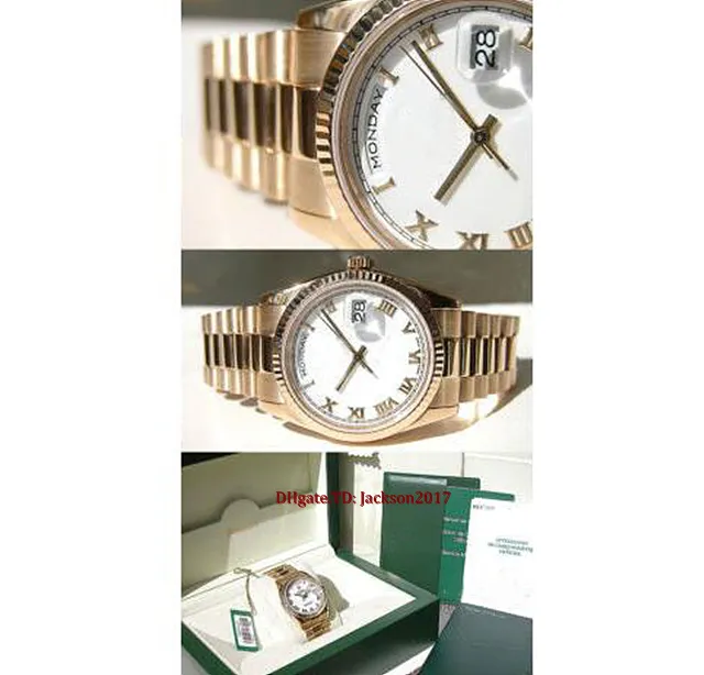 Certificado de caixa original Casual Relógios modernos UNissex Watches Presidente 118238 18K Dial romano branco de ouro amarelo 36mm relógio251a