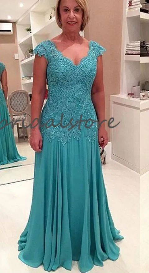 Family Turquoise Mother Of The Bride Dresses Floor Length Chiffon Groom Mother Party Gowns V Neck Lace Long Plus Size Mother Dress257p