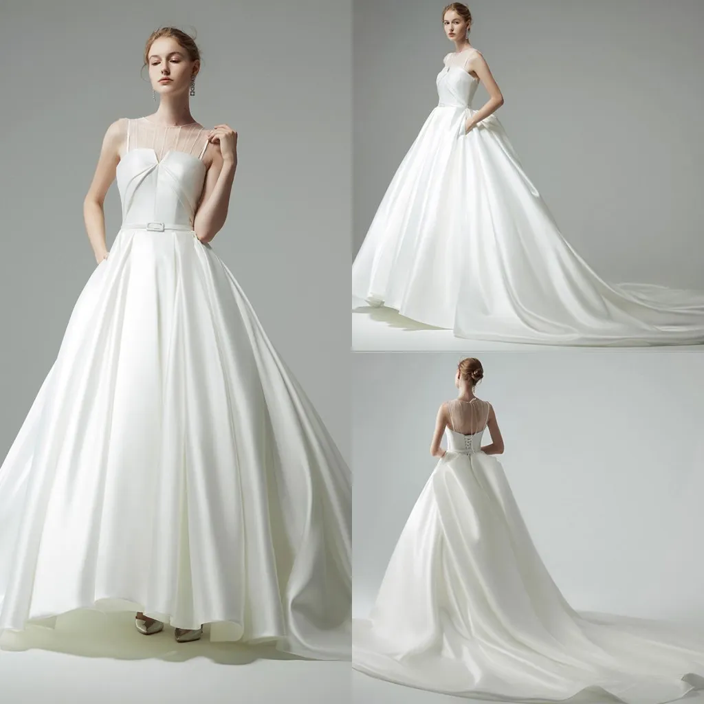 2020 Modest YL Elegantes Ballkleid mit Juwelen, ärmellose Brautkleider mit Schnürung, Satin-Schärpe, Rüschen, Brautkleider, Sweep-Zug-Brautkleider