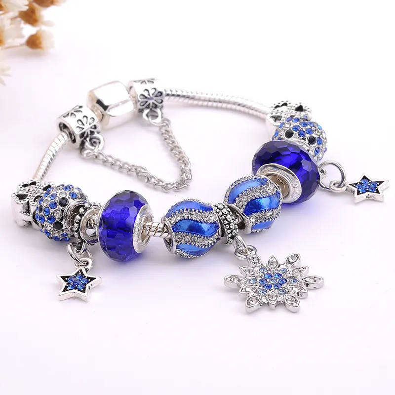 Partihandel-Glamour Blue Glass Bead Armband för Pandora Style Crystal Snowflake Pendant Lady Bangle Smycken