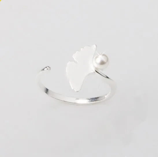 Antique Silver ginkgo leaf Plant Opening Finger ring for Women lady Elegant Wedding rings Imitation Pearl Lovely Gift