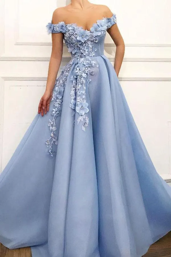 Wspaniały Baby Blue Prom Dresses Linia Off Ramię Pełna długość Długie Formalne Suknie Wieczorowe Z Zroszonymi Kwiatami Plus Size Arabska Suknia Prom