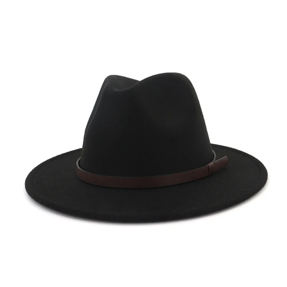 Fashion-Men Wool Fedora Hat med läderband Elegant Lady Dad Vinter Höstvatten Kvalitet Wide Brim Jazz Church Sombrero Caps