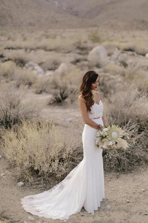 Bohemian Lace Mermaid backless wedding gown with Spaghetti Straps and Chiffon Skirt