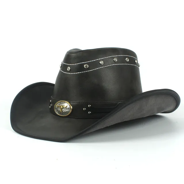 Ny Ankomstkvalitet Fashion Cowboy Hat Faux Leather Metal Decoration Wide Brim Western Män Kvinnor Headwear Cap Cowgirl Hat