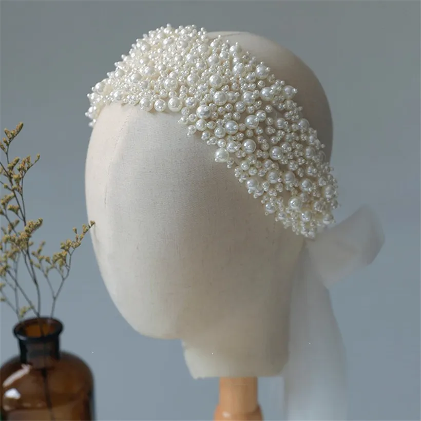 Bridal Full Pearls Headband Hairband Koreanska Garn Vit Headpiece Bröllop Hår Tillbehör Smycken Princess Headdress Party Prom Headwear