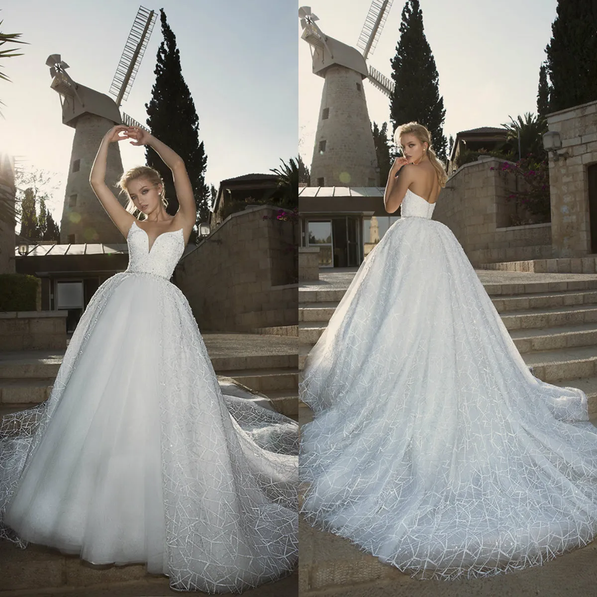 Dany Mizrachi Vestidos de novia de una línea Vestidos de novia con lentejuelas de encaje sin tirantes y tren desmontable Impresionante vestido de novia de tul